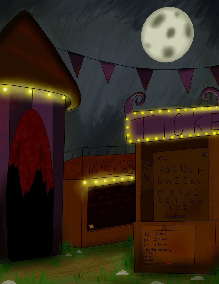 Enchanting digital creation by Chloe Fisher named 'Creepy Circus', depicting a captivating scene of eerie allure and mystery, inviting viewers to immerse themselves in its mesmerizing atmosphere.