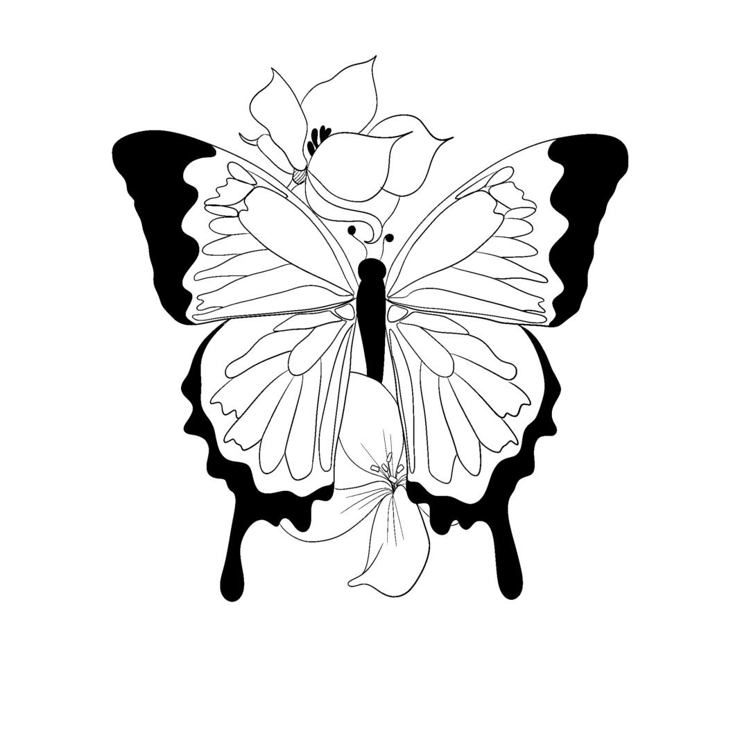 Digital artwork by Chloe Fisher titled 'Butterfly', featuring a captivating black and white composition showcasing a delicate butterfly amid beautiful flowers.