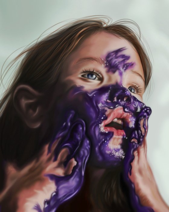 Playful 2D art by Gracie Romanchuk, a self-portrait capturing a child gleefully smearing purple substance all over their face and hands. This expressive artwork adds a touch of whimsy and joy to the College for Arts and Design's diverse collection.