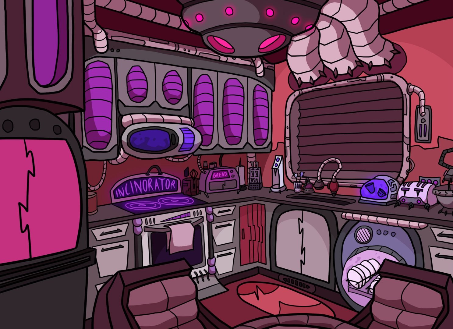 2D art by Jordan Auclair featuring a cartoon depiction of a kitchen infused with vibrant red, pink, and purple hues.