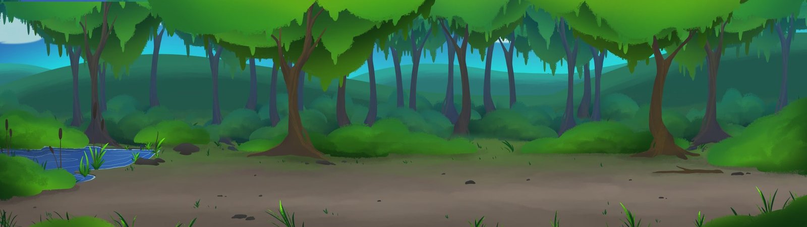 2D art by Laura Karsten depicting a cartoon forest scene with a serene blue pond in the background, adding a touch of tranquility.