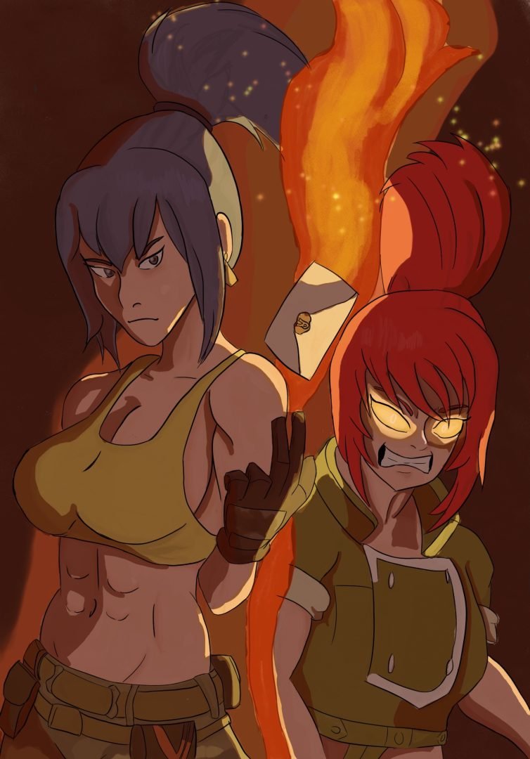 2D art by Liam Johnson featuring two fierce feminine anime characters standing side by side against a backdrop of flames and a starry sky, adding intensity and allure to the College for Arts and Design's diverse collection.