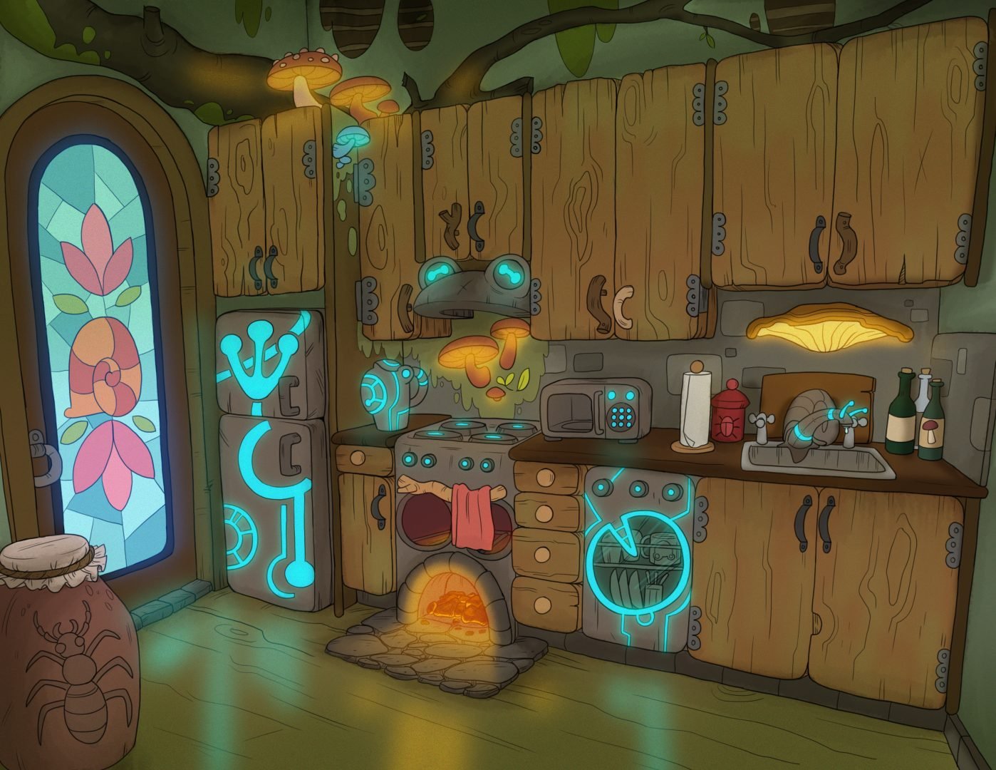 2D art by Miranda Marshall titled 'Amphibia Layout', showcasing a cartoon kitchen illuminated with numerous lights and adorned with a stained glass door.