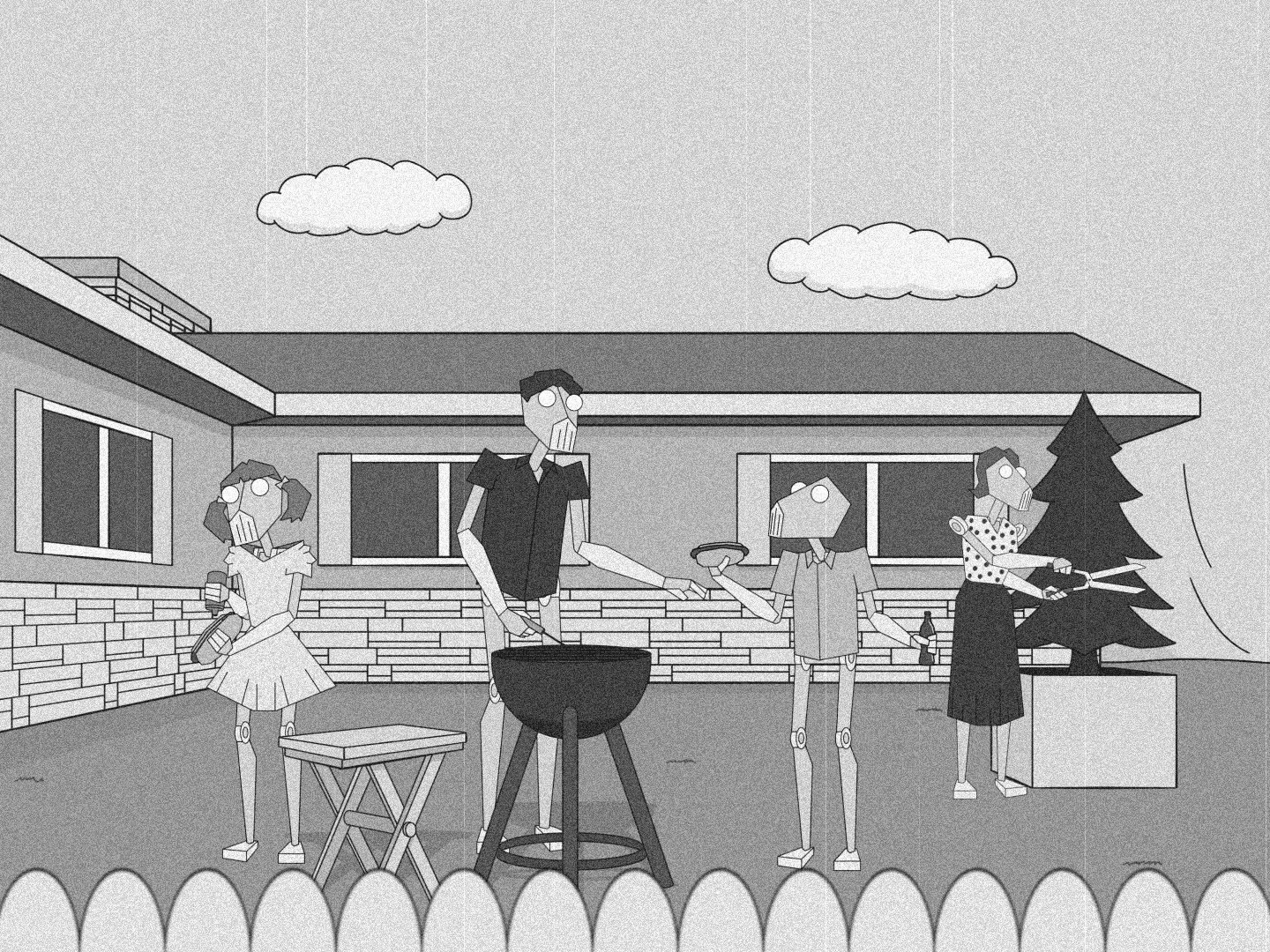 A cartoon of a family with a bbq grill.