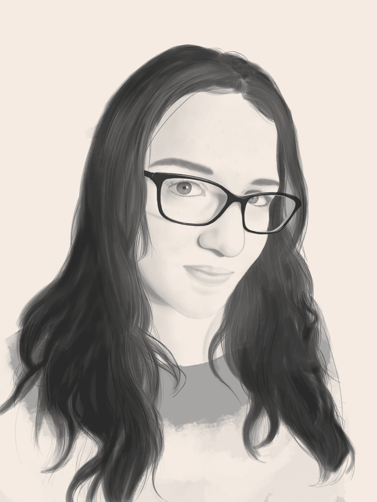A drawing of a woman with glasses by Ashley Moore.