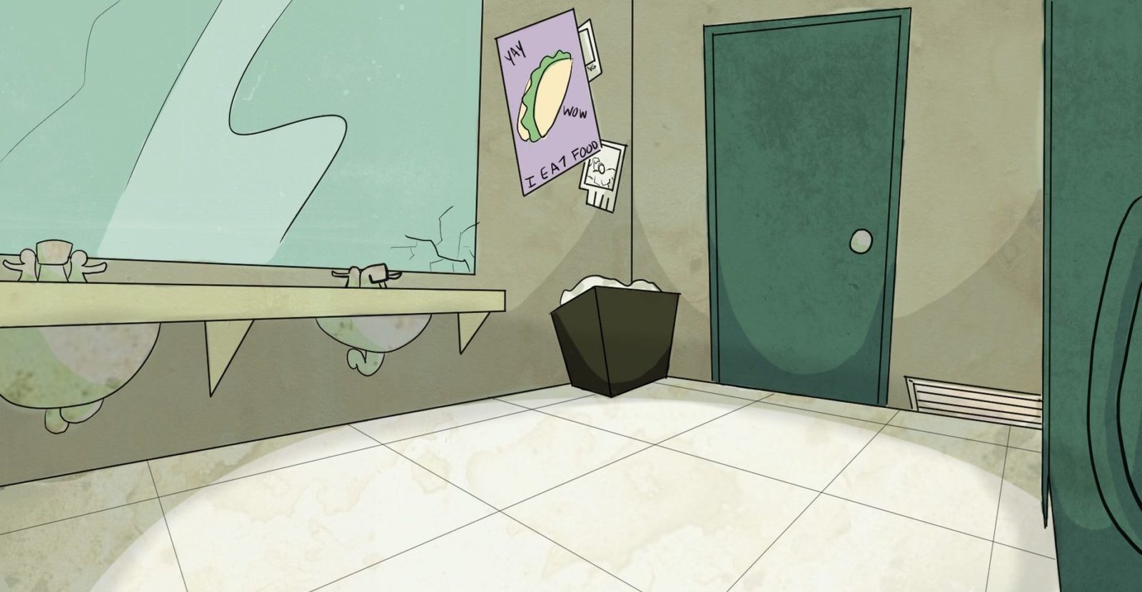 A cartoon bathroom with two sinks and a toilet.