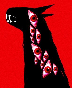 A black dog with red eyes on a red background.