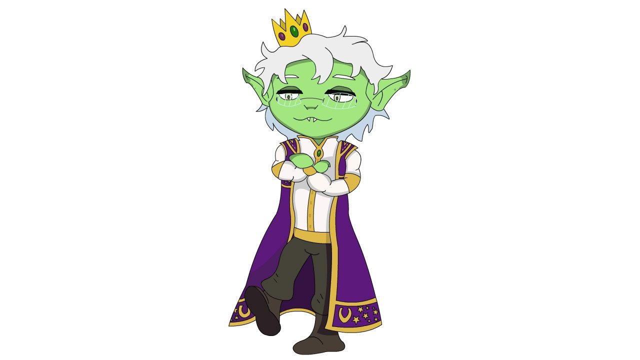A cartoon elf wearing a purple robe and crown. Art by Jesse Saip.