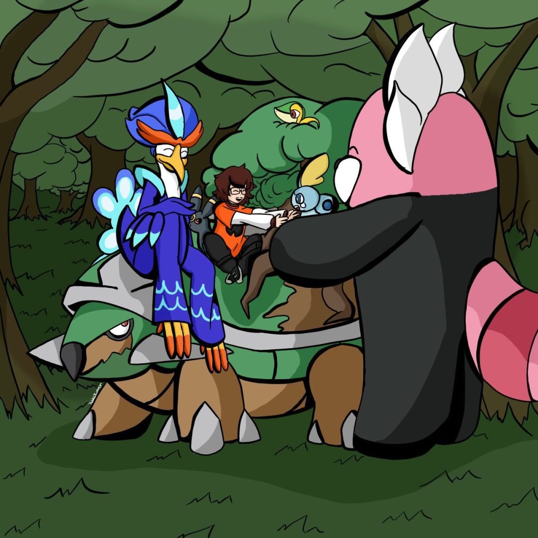 A person interacts with a large pink and black creature while sitting on a green turtle-like creature surrounded by other colorful, bird-like creatures in a forest setting.