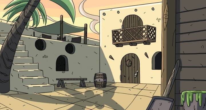 A cartoon image of a house with a palm tree in the background.