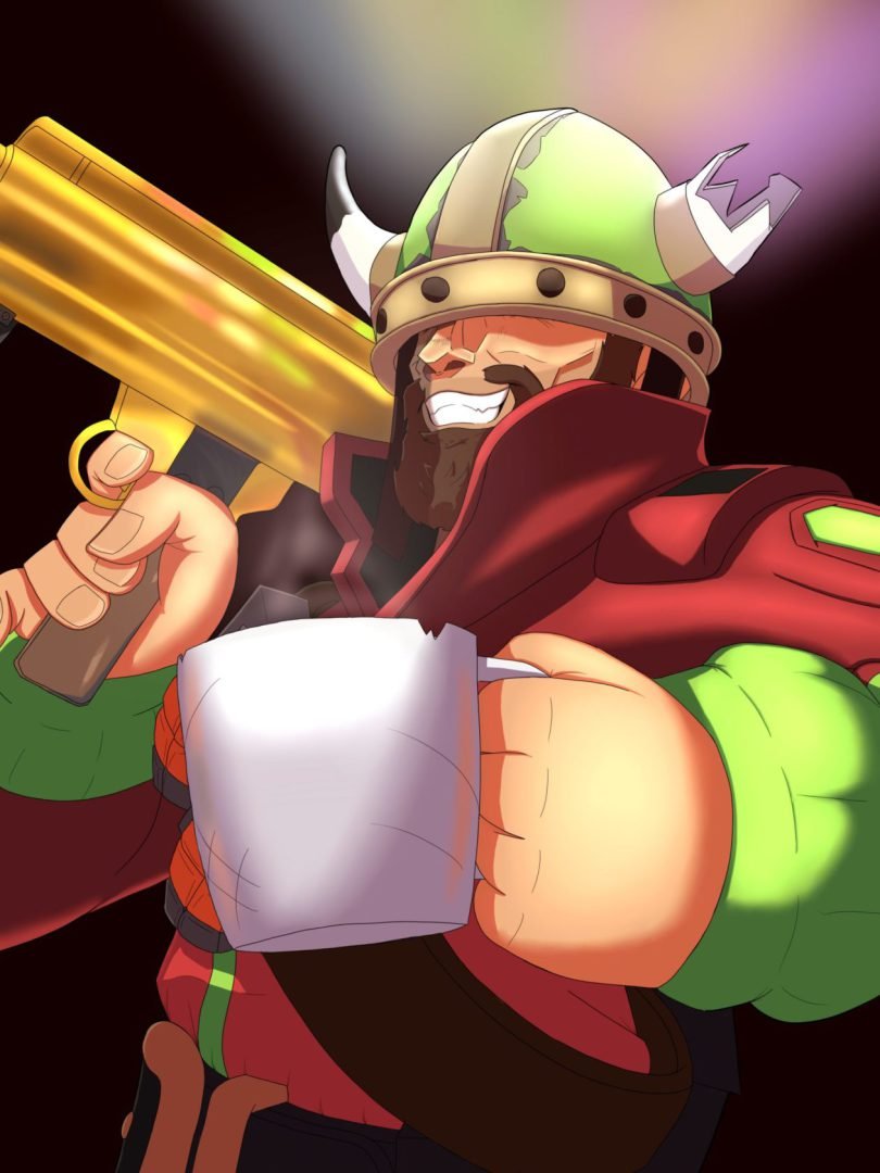 A man holding a gun and holding a cup of coffee.