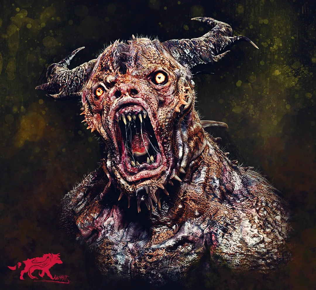 A creature with horns and sharp teeth.