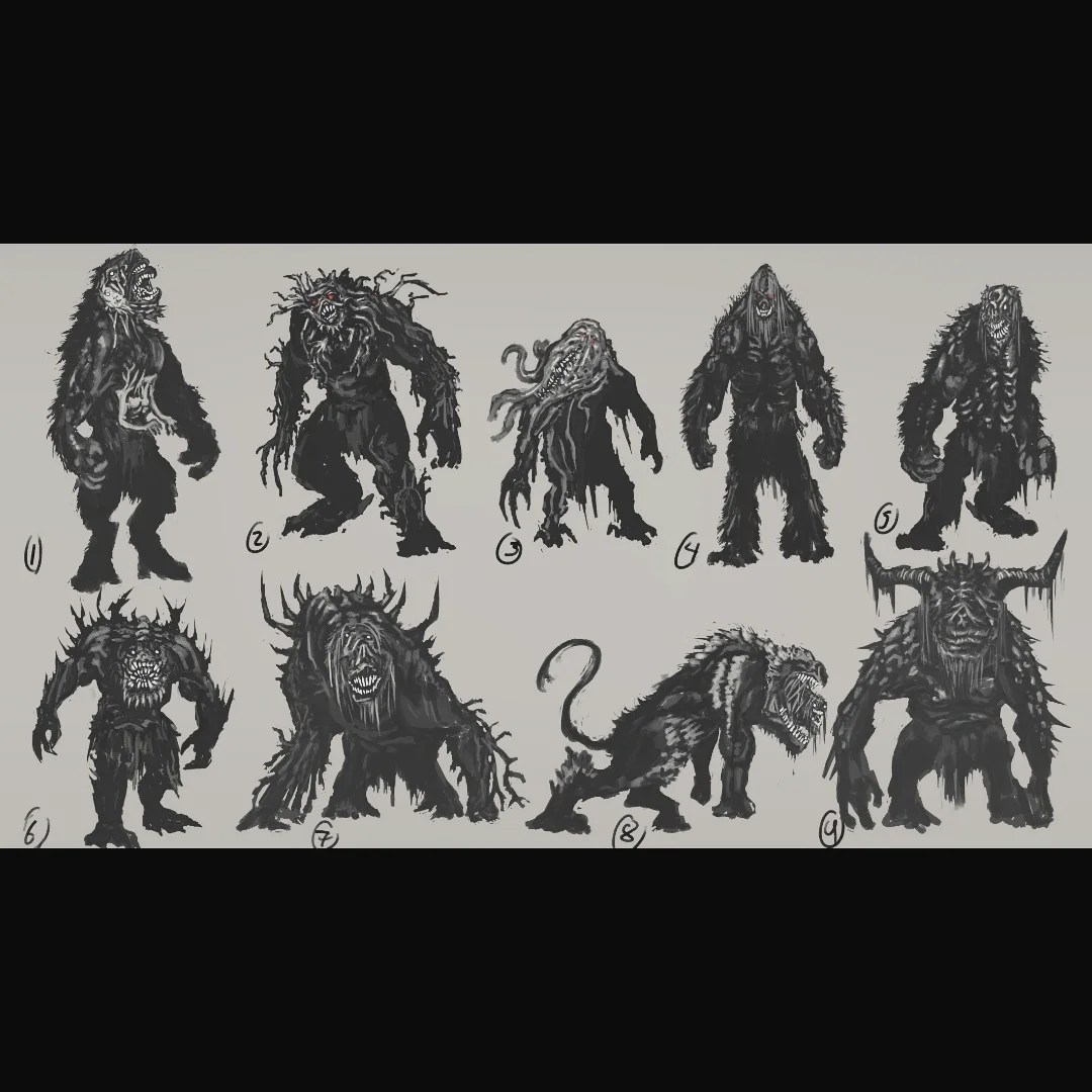 A series of drawings of various monsters.