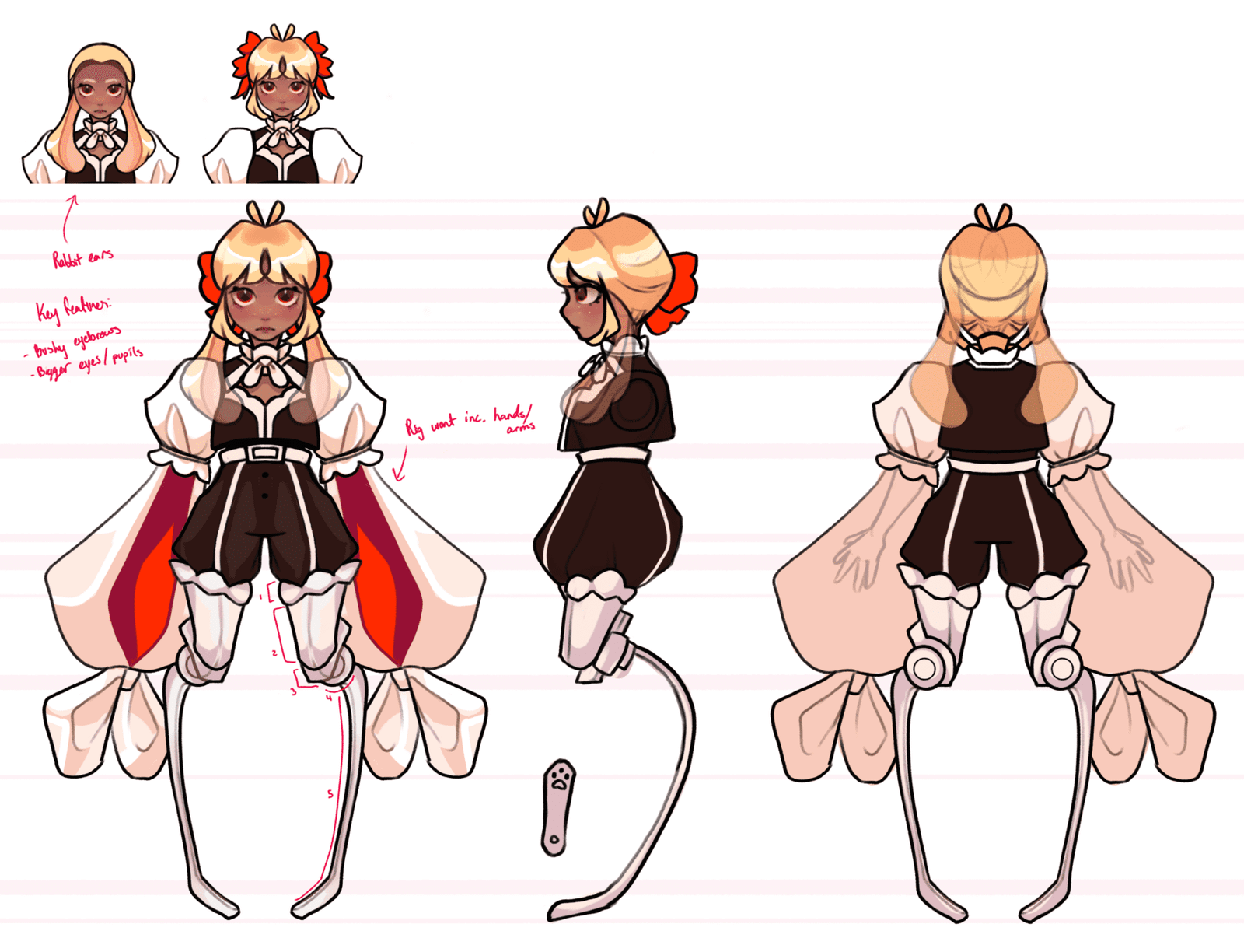 Illustration of a character design showing front, side, and back views of a girl with a prosthetic leg. Annotations highlight key features, such as prosthetics and outfit details.