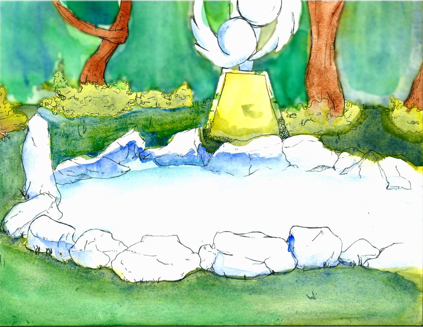 Rose Delaney's watercolor depicts a tranquil scene: a fountain nestled amidst lush woods, capturing the beauty of nature in serene hues.