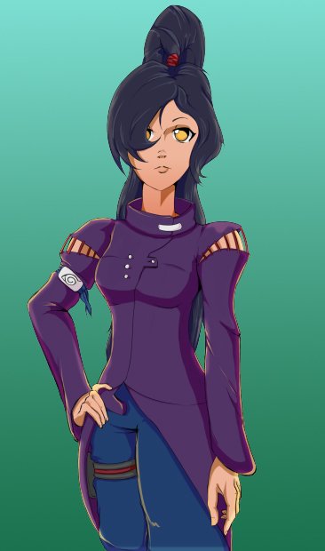 A tall girl with black hair with a really high pony tail in a purple coat dress with blue pants, cartoony anime style