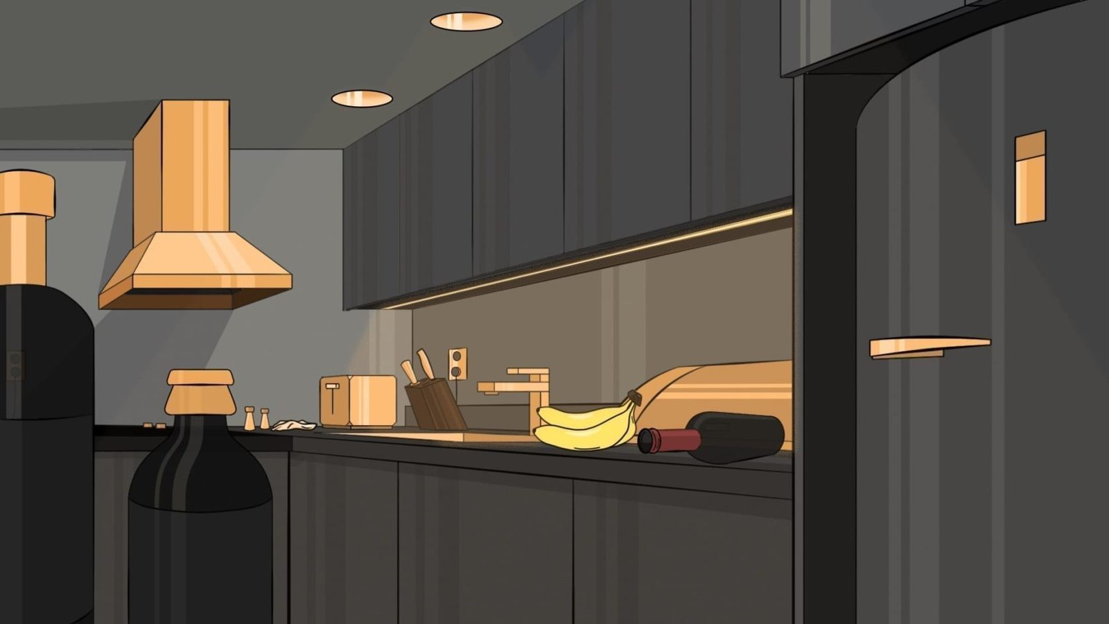 A cartoon illustration of a kitchen with a bottle of wine and a banana.