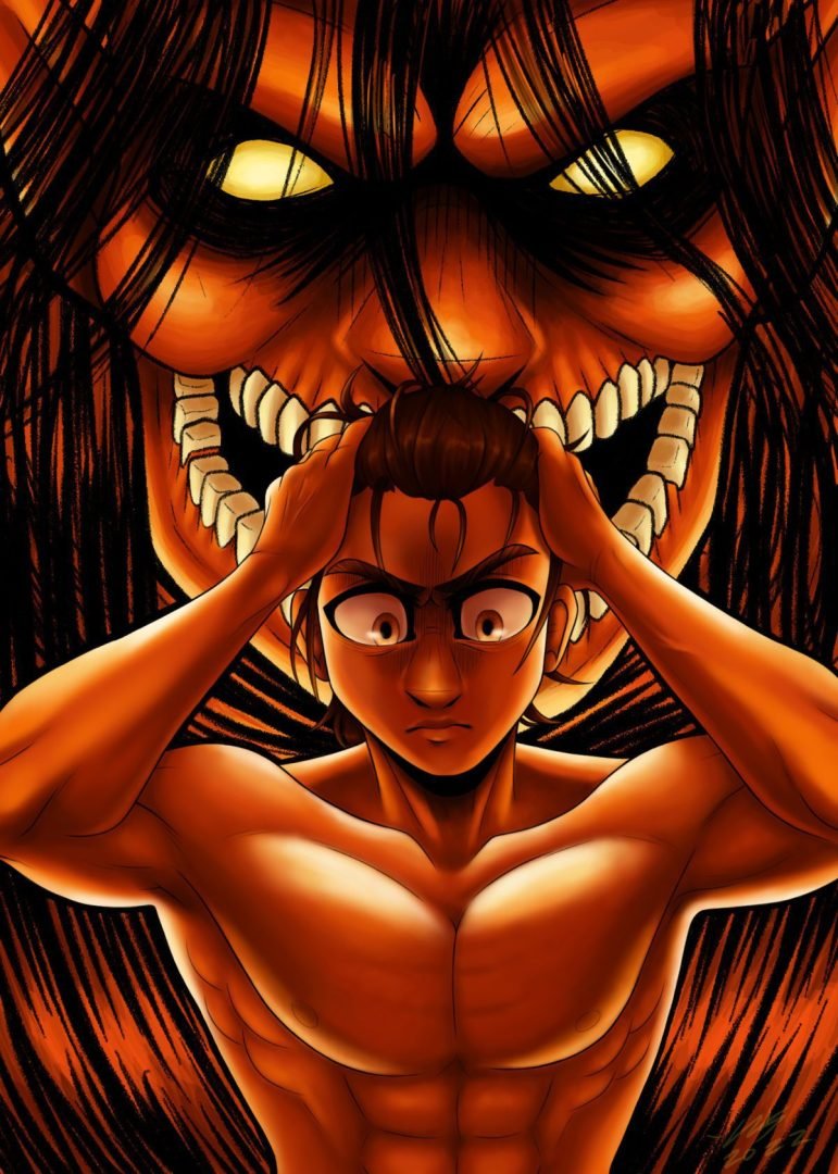 An anime character with a muscular build clutches his head as a large, menacing face with glowing eyes and sharp teeth looms behind him. The intense, fiery color palette amplifies the tension in this art by Sophie Padilla.