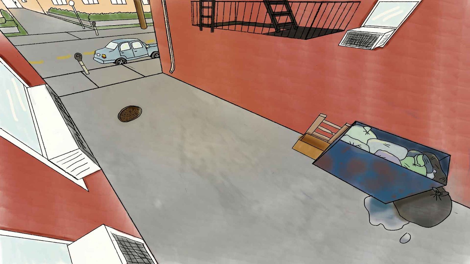A drawing of a street with a car and a trash can.