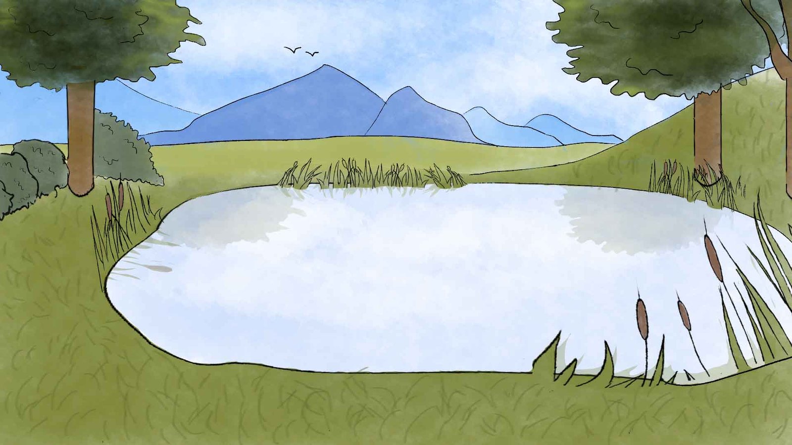 A drawing of a pond with trees and mountains.